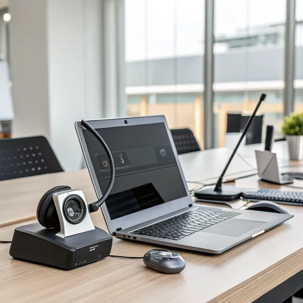 Modern office desk with communication tools