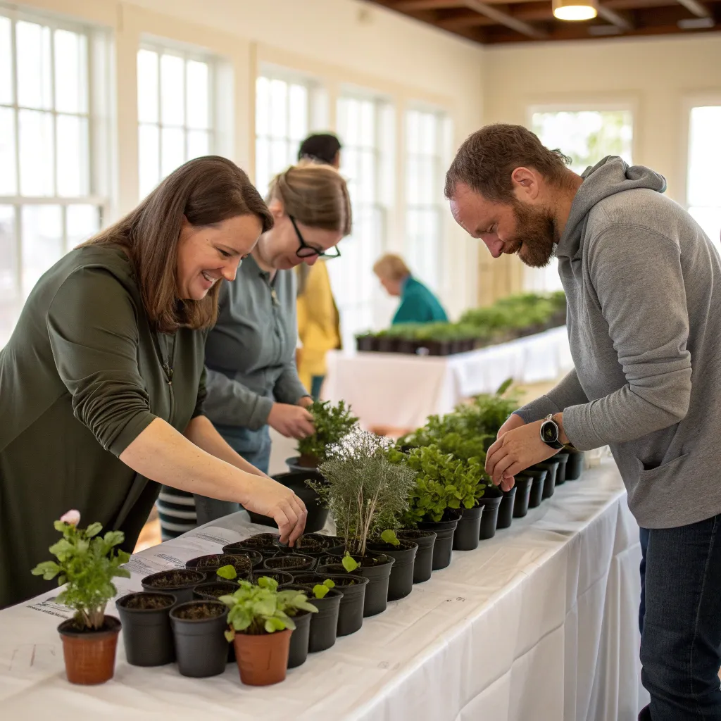 Workshop participants arranging plants on a table